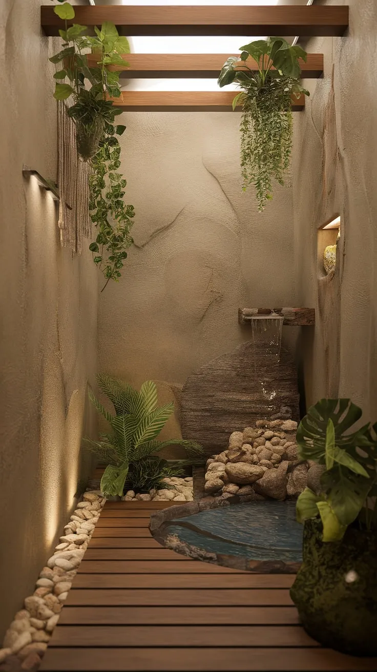 Escape to your own private sanctuary. This zen bathroom, with its natural wood textures, cascading waterfall, and carefully placed greenery, offers a tranquil retreat for the soul. A perfect blend of nature and serenity, it's a space designed for rejuvenation and mindful moments. A true oasis of calm.