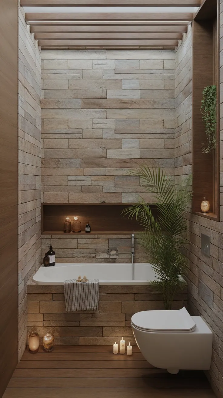 Escape to tranquility in this exquisitely designed bathroom. Natural stone walls and warm wood floors create a haven of peace, complemented by the simple elegance of a white bathtub and the vibrant touch of a potted plant. A space designed for mindful moments, where you can truly unwind and reconnect with yourself. A true oasis.