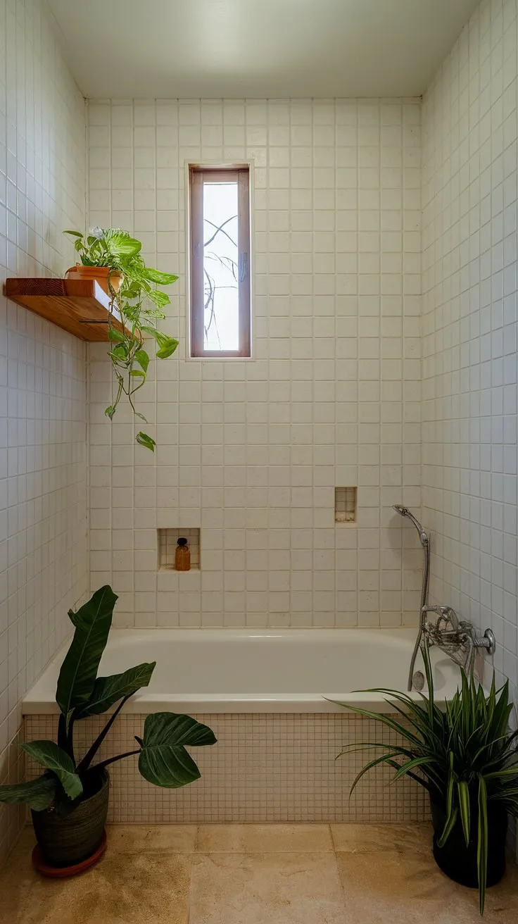 Find your sanctuary in this serene bathroom, where minimalist design meets the calming embrace of nature. The gentle light filtering through the window, the lush greenery, and the soothing white tiles create a space of pure tranquility. A perfect escape for the soul.