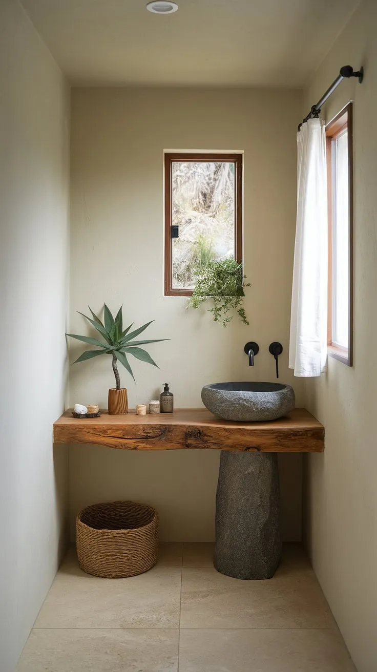 Step into a world of calm. This small but perfectly formed bathroom, with its natural stone sink, wooden accents, and lush plants, offers a peaceful retreat. The view from the window adds to the sense of serenity, making it the ideal space for self-care and reflection.