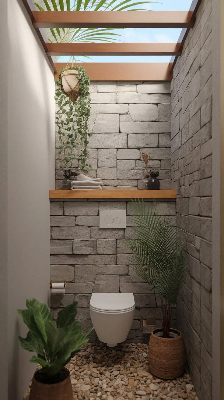 Find your inner peace in this tranquil bathroom sanctuary. Natural light streams through the skylight, illuminating the stone walls and pebble floor, creating a serene atmosphere enhanced by the minimalist design and calming presence of lush greenery. A perfect escape for mindful moments.