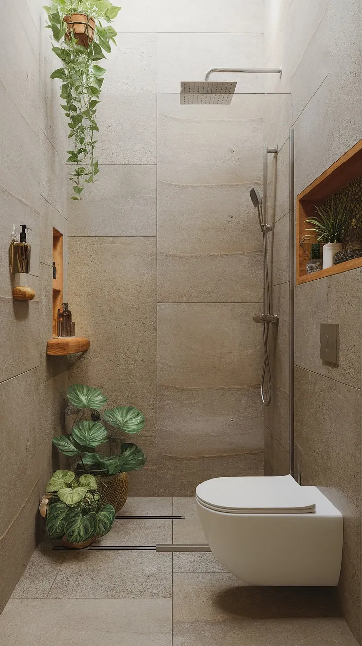 Find your sanctuary in this minimalist bathroom, where natural stone walls and lush greenery create a tranquil escape. The gentle trickle of water from the shower, the earthy scent of the plants, and the simple elegance of the design combine to offer a truly rejuvenating experience. A perfect blend of nature and modern comfort.
