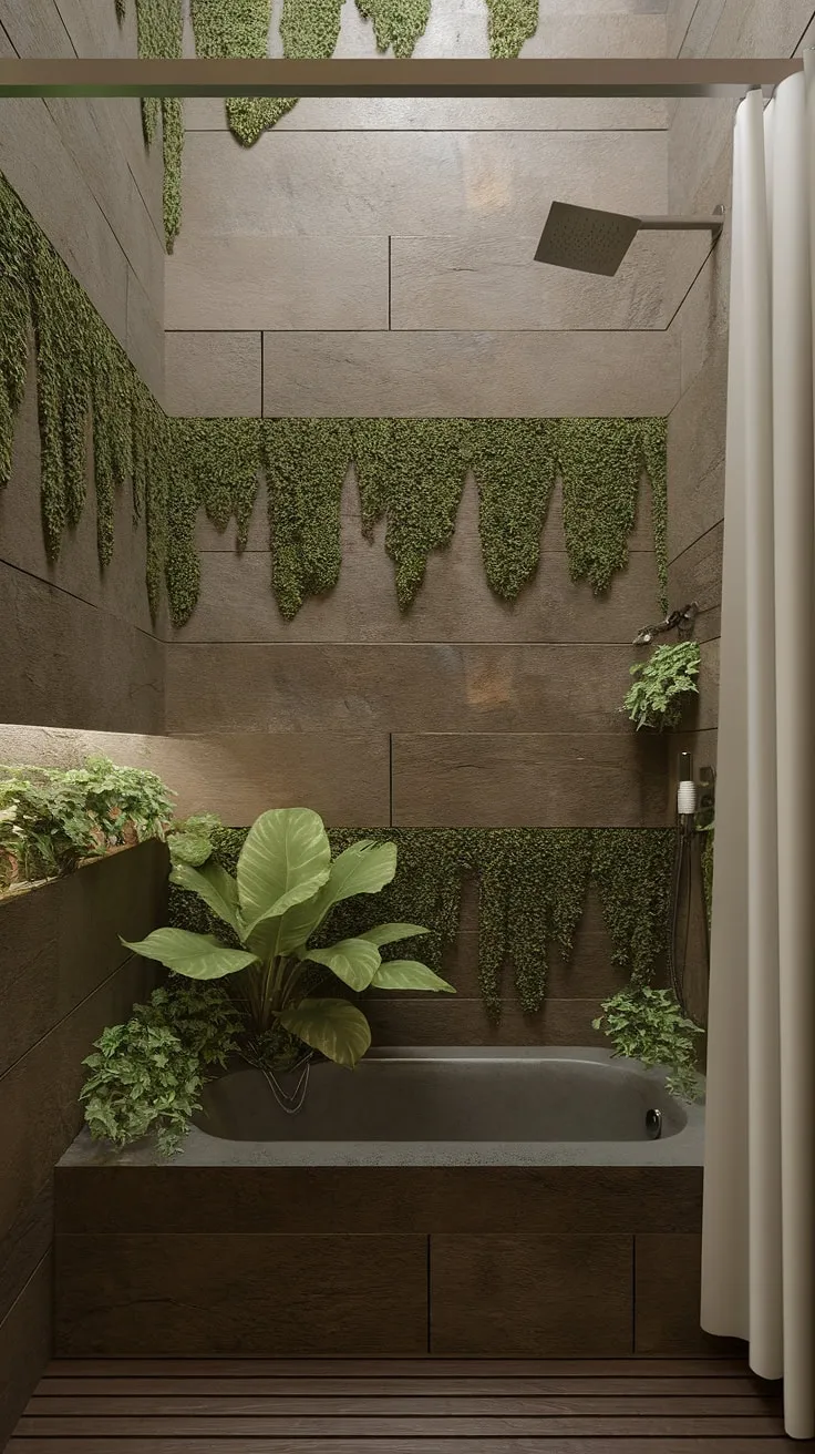 Escape to tranquility. This zen bathroom, with its moss-covered stone walls, lush greenery, and warm wood floors, offers a sanctuary for the soul. A perfect place to unwind and reconnect with nature. A true oasis of calm.