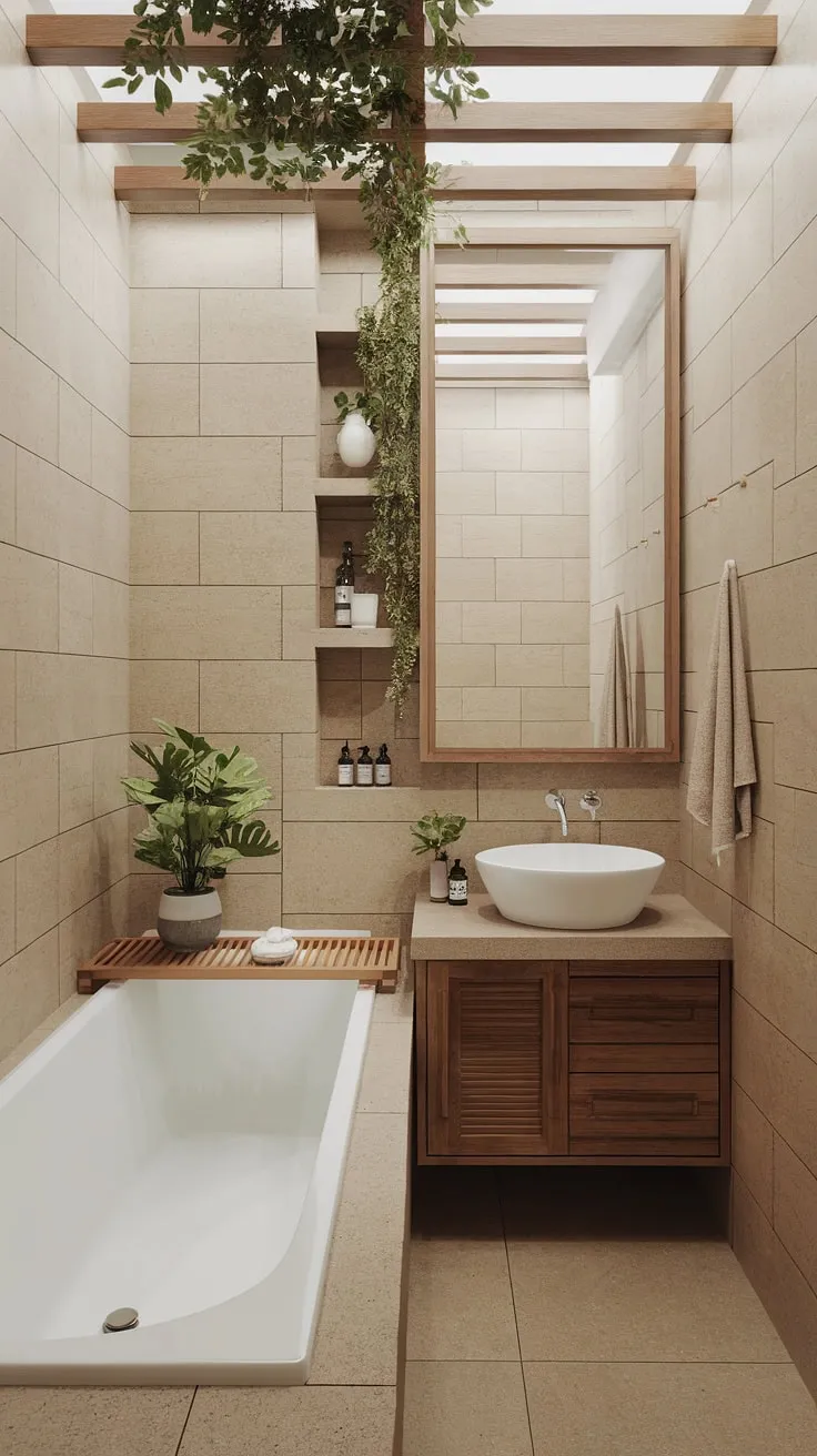 Find your sanctuary in this serene bathroom, where natural light and calming textures create a space of pure tranquility. The subtle interplay of wood and stone, complemented by flourishing greenery, invites moments of peaceful reflection.