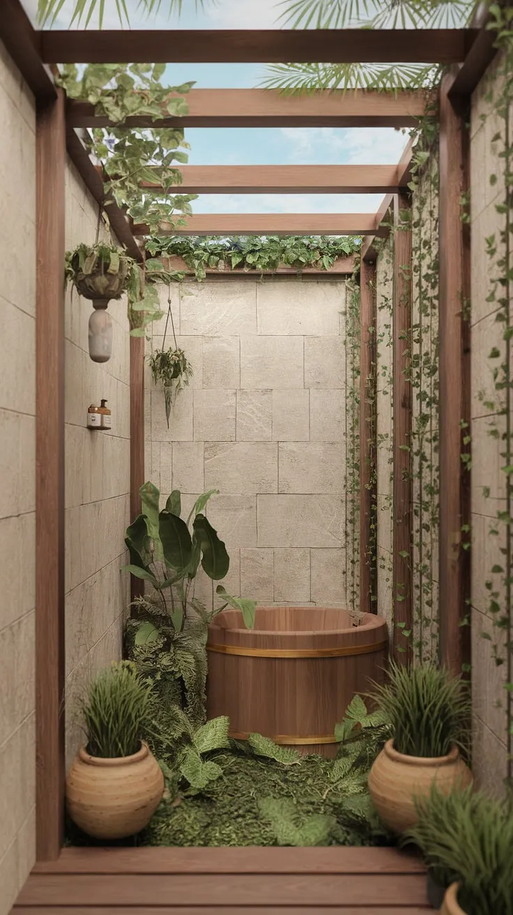 Find your inner peace in this exquisitely designed bathroom. The natural light streaming through the skylight illuminates the calming wooden features and thriving plants, creating a serene atmosphere perfect for unwinding. A testament to the power of nature's restorative influence on the mind and body.
