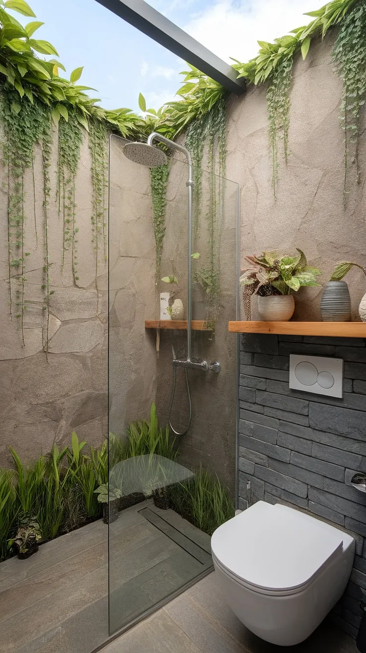 Find your sanctuary in this serene bathroom, where natural stone walls, vibrant greenery, and a skylight-drenched space create a tranquil escape. The clever use of glass partitions maintains openness while separating the shower area, enhancing the feeling of calm and spaciousness. A perfect blend of nature and modern design.