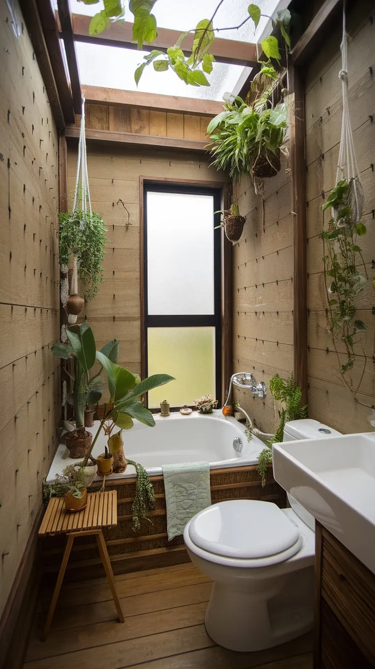 Find your sanctuary in this serene bathroom, where the calming textures of wood and the gentle sway of hanging plants create a tranquil escape. The minimalist design, accented by natural light filtering through the frosted glass window, fosters a sense of peace and rejuvenation. A perfect space for mindful moments.