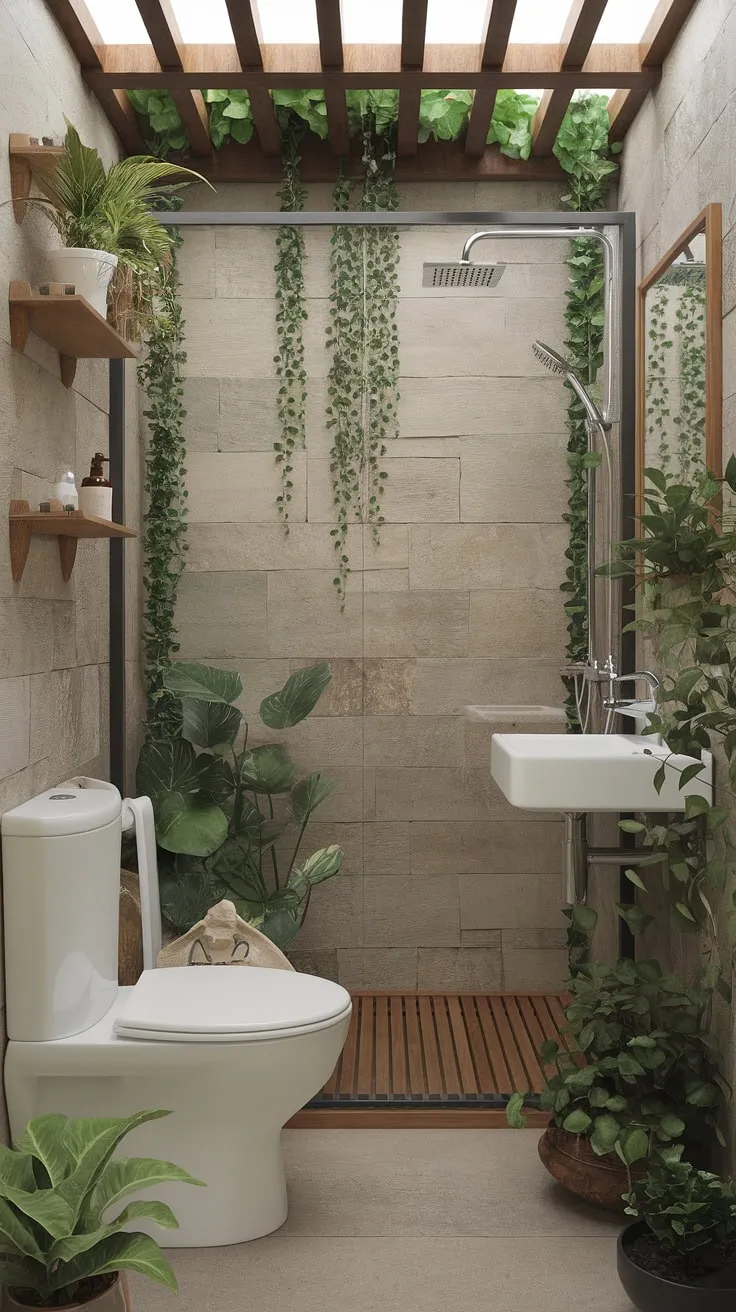 Find your sanctuary in this small but perfectly formed zen bathroom. Natural stone walls, lush greenery, and simple white fixtures create a tranquil escape where you can reconnect with a sense of calm and peace.