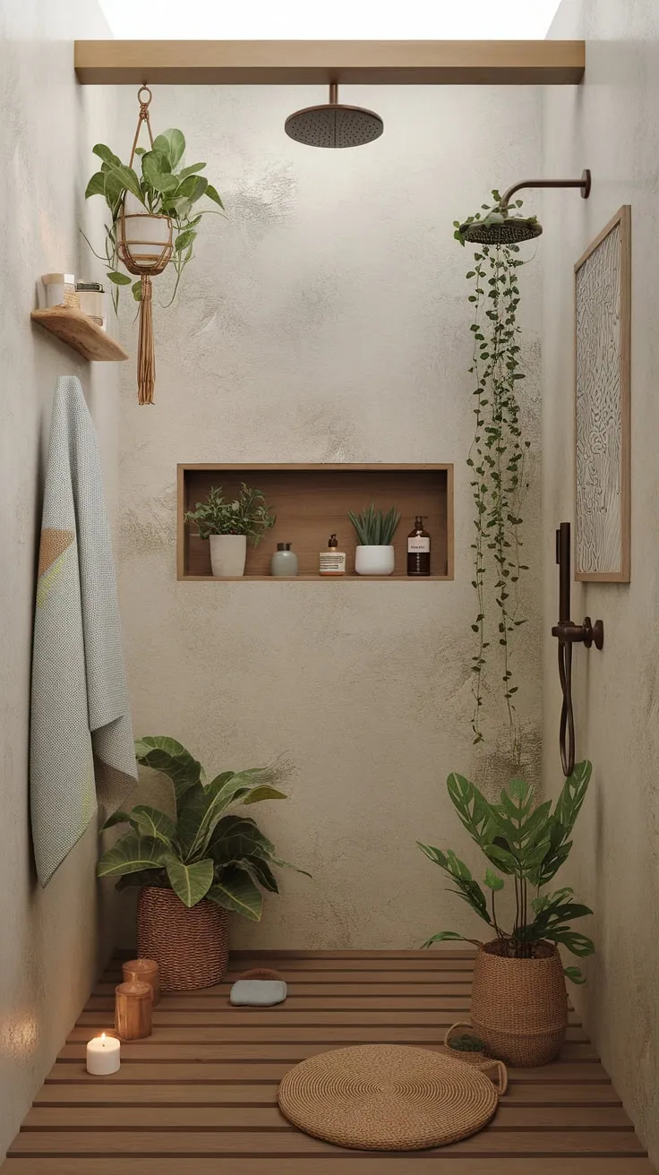 Escape the everyday in this tranquil bathroom sanctuary. Natural materials, calming plants, and a rainfall shower create a space of pure serenity; a true haven for mindful moments. A perfect blend of nature and minimalist design.