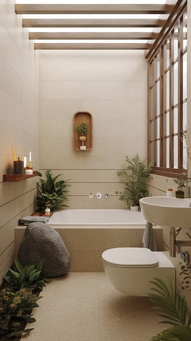 Find your sanctuary in this serene bathroom, where natural light streams through the window, illuminating the calming beige tiles and the lush greenery. The carefully curated details, from the smooth stone floor to the wooden tray holding a flickering candle, create a space of pure tranquility. A perfect escape for mindful moments.