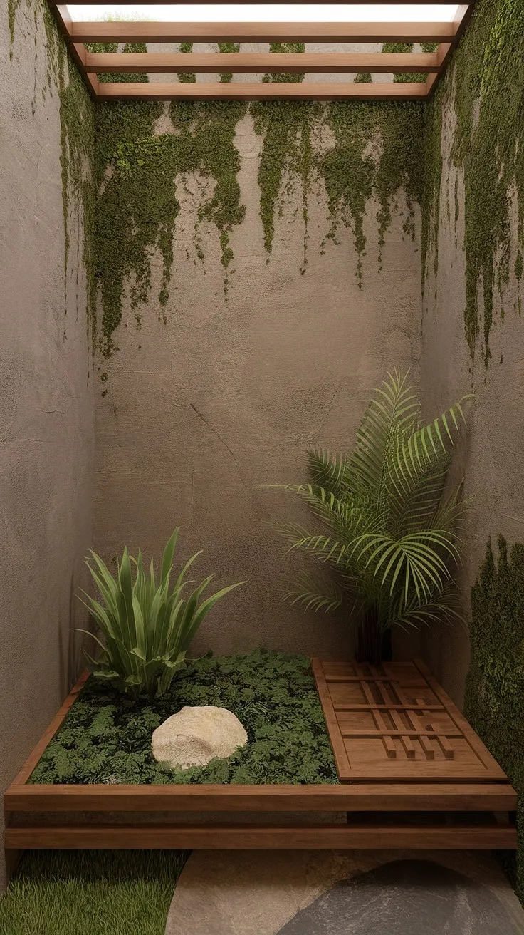 Escape the everyday in this serene bathroom retreat. The interplay of natural textures-rough stone, smooth wood, and vibrant green moss-invites contemplation and relaxation. A minimalist design that speaks volumes about the power of nature to soothe the soul.