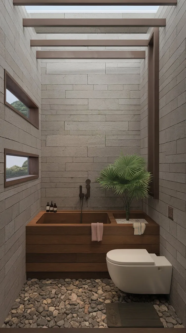 Escape to your own private oasis. This small but perfectly formed zen bathroom, featuring a traditional Japanese toilet and a wooden soaking tub, offers a calming retreat. The natural stone walls, pebble floor, and carefully chosen plants create a space of unparalleled peace and tranquility. A true haven for the senses.