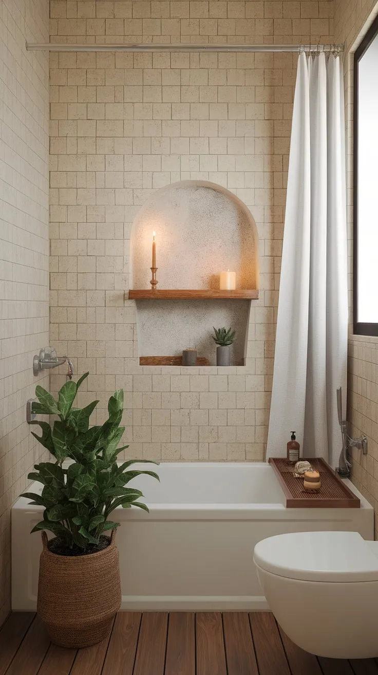 Escape the everyday in this exquisitely designed zen bathroom. The warm beige tiles, the soft glow of candlelight, and the simple elegance of the wooden shelf all contribute to a space that feels both luxurious and utterly restorative. A true haven for self-care and rejuvenation.