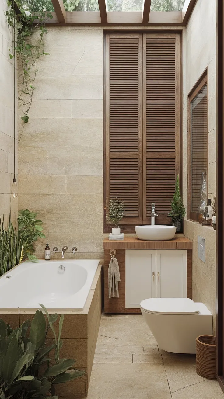 Escape to this minimalist bathroom oasis. Natural stone flooring and walls, coupled with crisp white fixtures, evoke a sense of calm and serenity. The abundance of natural light streaming through the window, softened by wooden shutters, enhances the peaceful ambiance, creating a space for ultimate relaxation and rejuvenation.