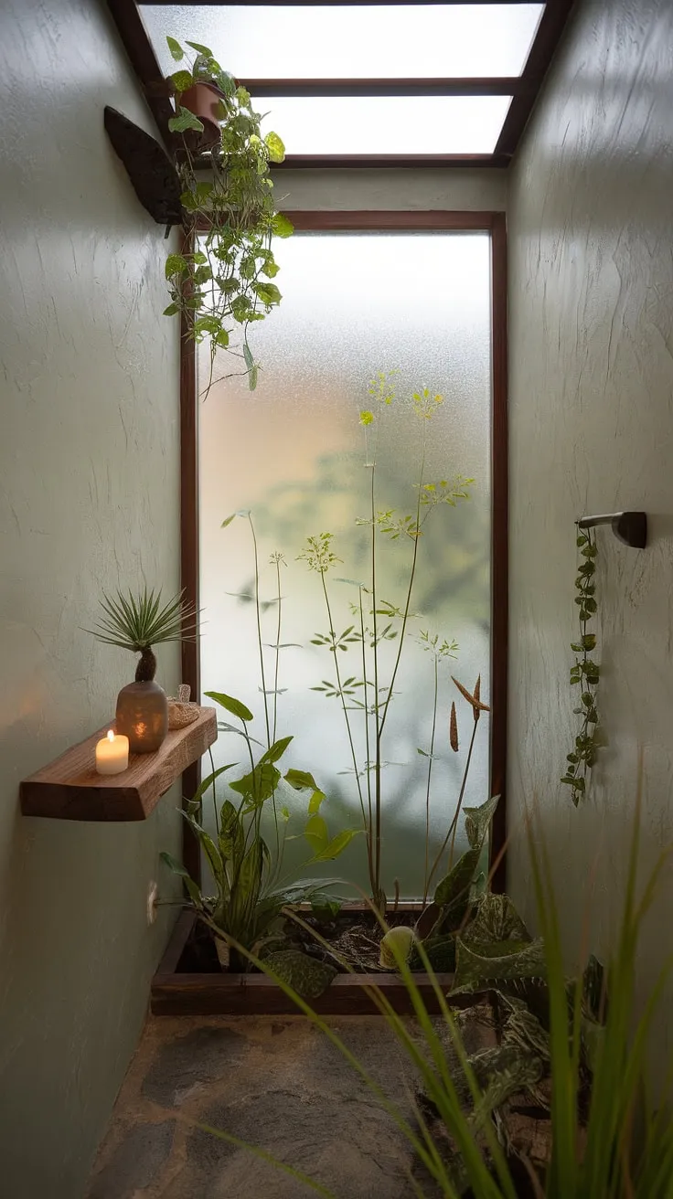 Find your sanctuary in this small but perfectly formed zen bathroom. Natural textures, flourishing greenery, and soft light create a haven for mindful moments. The frosted glass window, framing the outdoor plants, completes the tranquil escape.