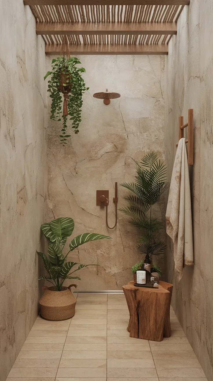 Find your sanctuary in this serene bathroom, where natural stone walls and lush greenery create a tranquil escape. The soft lighting and thoughtful details, like the wooden stool and hanging plant, invite moments of peaceful reflection. A perfect blend of nature and minimalist design.