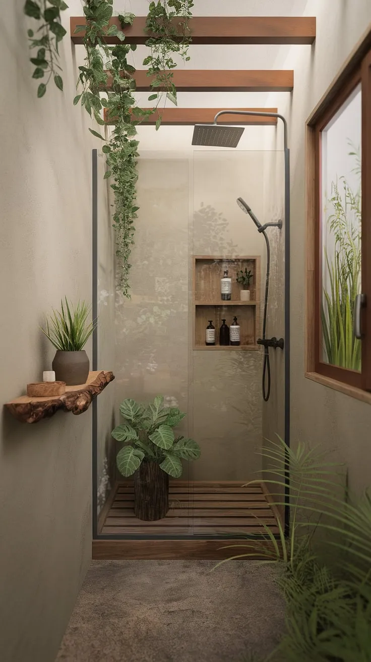 Find your sanctuary in this small but perfectly formed zen bathroom. Natural textures, a wood and glass shower, and the gentle sway of hanging plants create a space of unparalleled serenity. A perfect escape from the everyday.