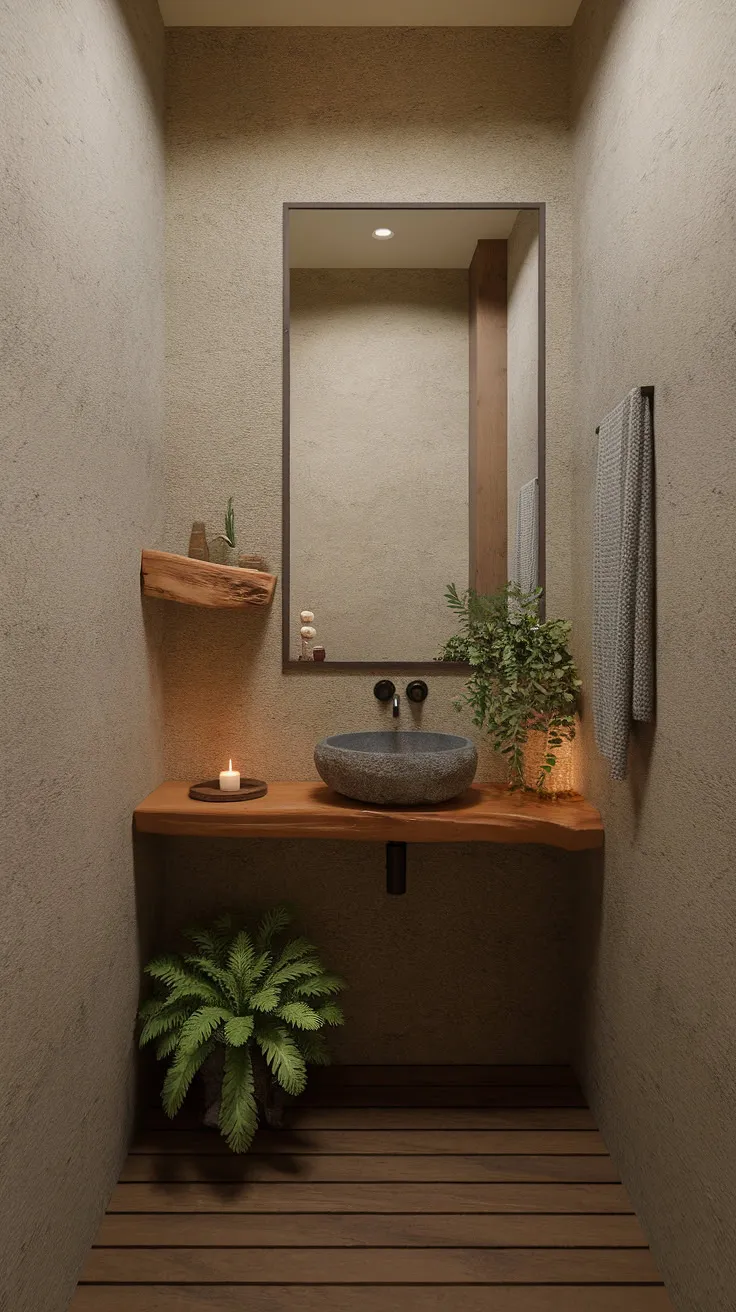 Find your sanctuary in this serene bathroom, where natural textures and soft light create a haven for mindful moments. The stone sink, nestled amongst flourishing greenery, whispers of tranquility, while the warm wood and gentle candlelight invite relaxation. A perfect space to reconnect with a inner peace.