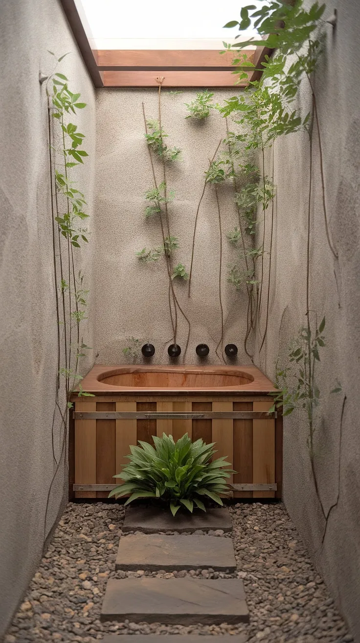 Step into tranquility. This small but perfectly formed zen bathroom, with its wooden tub and thriving greenery, offers a space for peaceful reflection and rejuvenation. A true oasis for the soul.