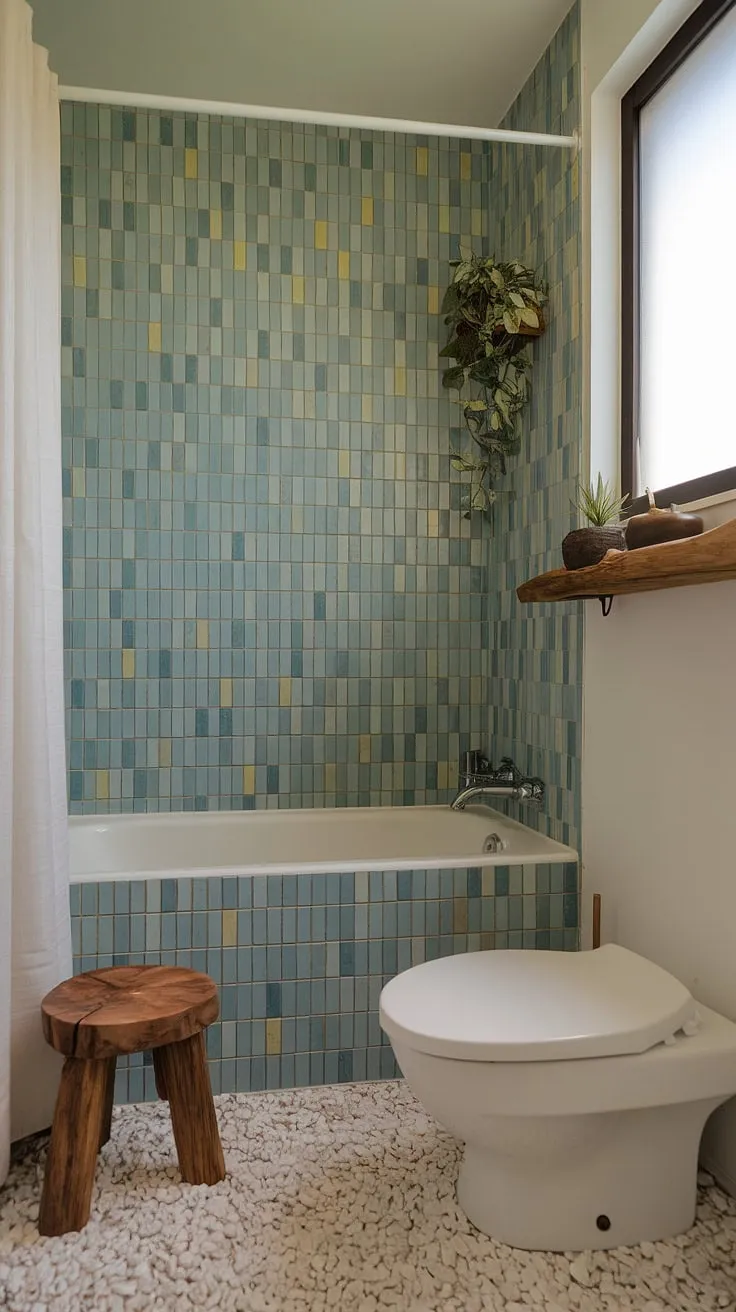 Escape to this exquisitely designed zen bathroom. The calming blend of natural textures-from the pebble floor to the wooden accents-creates a haven of peace and tranquility. A perfect space for rejuvenation and self-care.