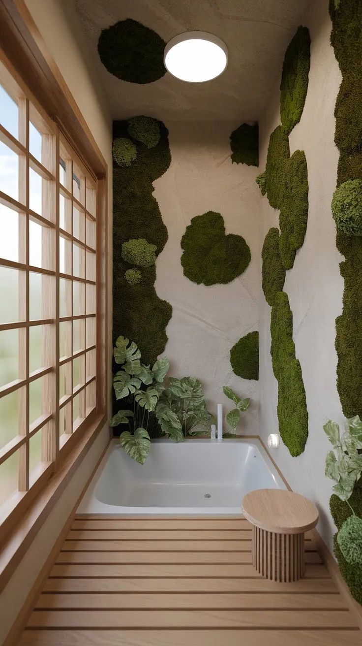 Step into a world of calm. This zen bathroom, with its lush living wall, wooden textures, and minimalist bathtub, offers a tranquil retreat. A place to unwind and reconnect with your inner peace, a true haven for self-care.