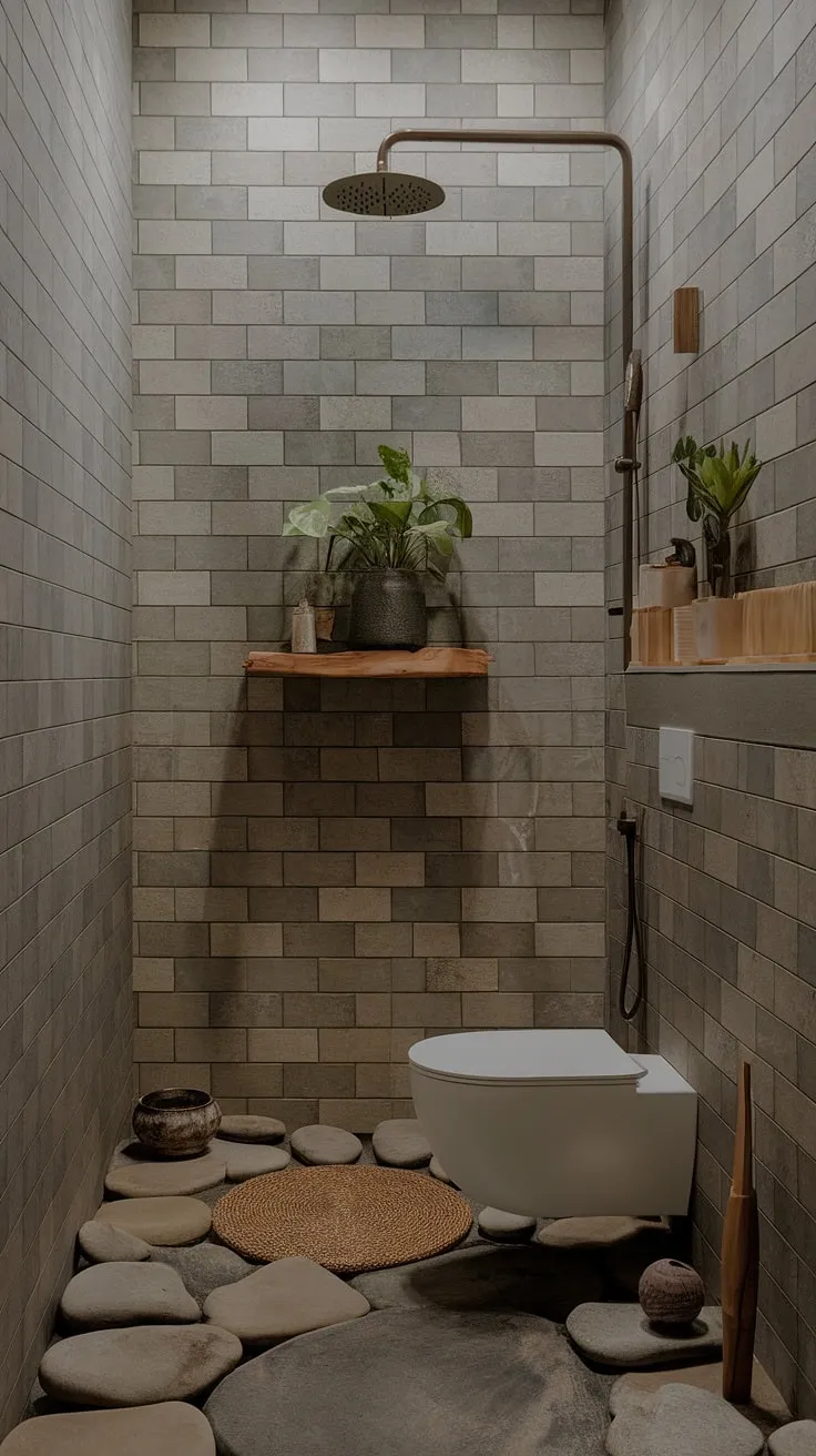 Step into tranquility. This zen bathroom, featuring a soothing rain shower and faux stone walls, offers a peaceful retreat. A thoughtfully curated space, with natural elements like the potted plant and stone floor, invites relaxation and rejuvenation. A perfect escape from the everyday.