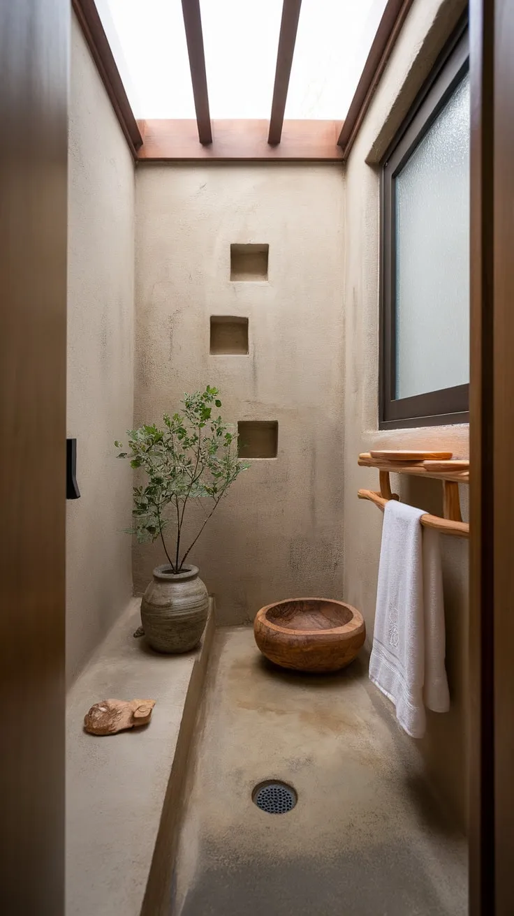 Embrace the serenity of this zen bathroom. The carefully curated elements-a single plant, a wooden bowl, and the warmth of natural light-foster a sense of calm and allow you to fully experience a moment of tranquility.