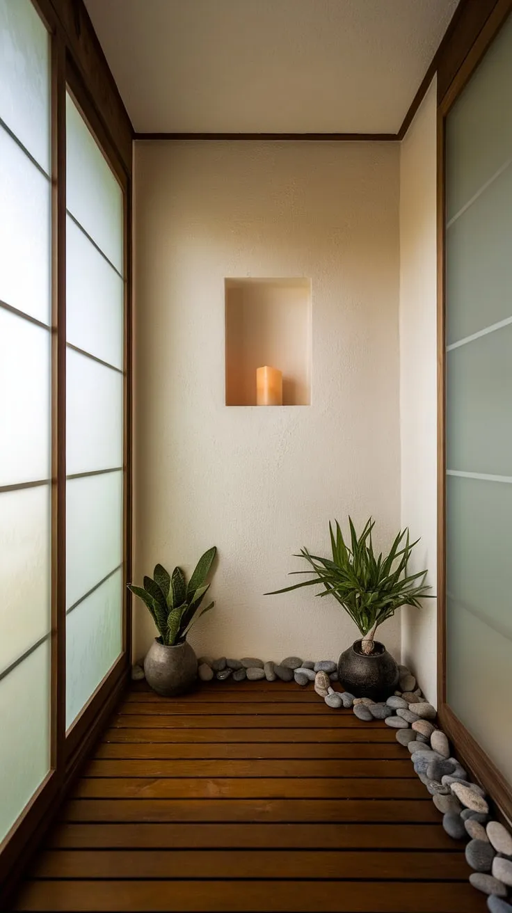 Find your sanctuary in this minimalist bathroom, where natural light filters through translucent glass, illuminating the serene space and highlighting the carefully chosen stones and potted plant. The recessed niche, holding a single candle, adds a touch of warmth to the calming atmosphere. A perfect escape for mindful moments.