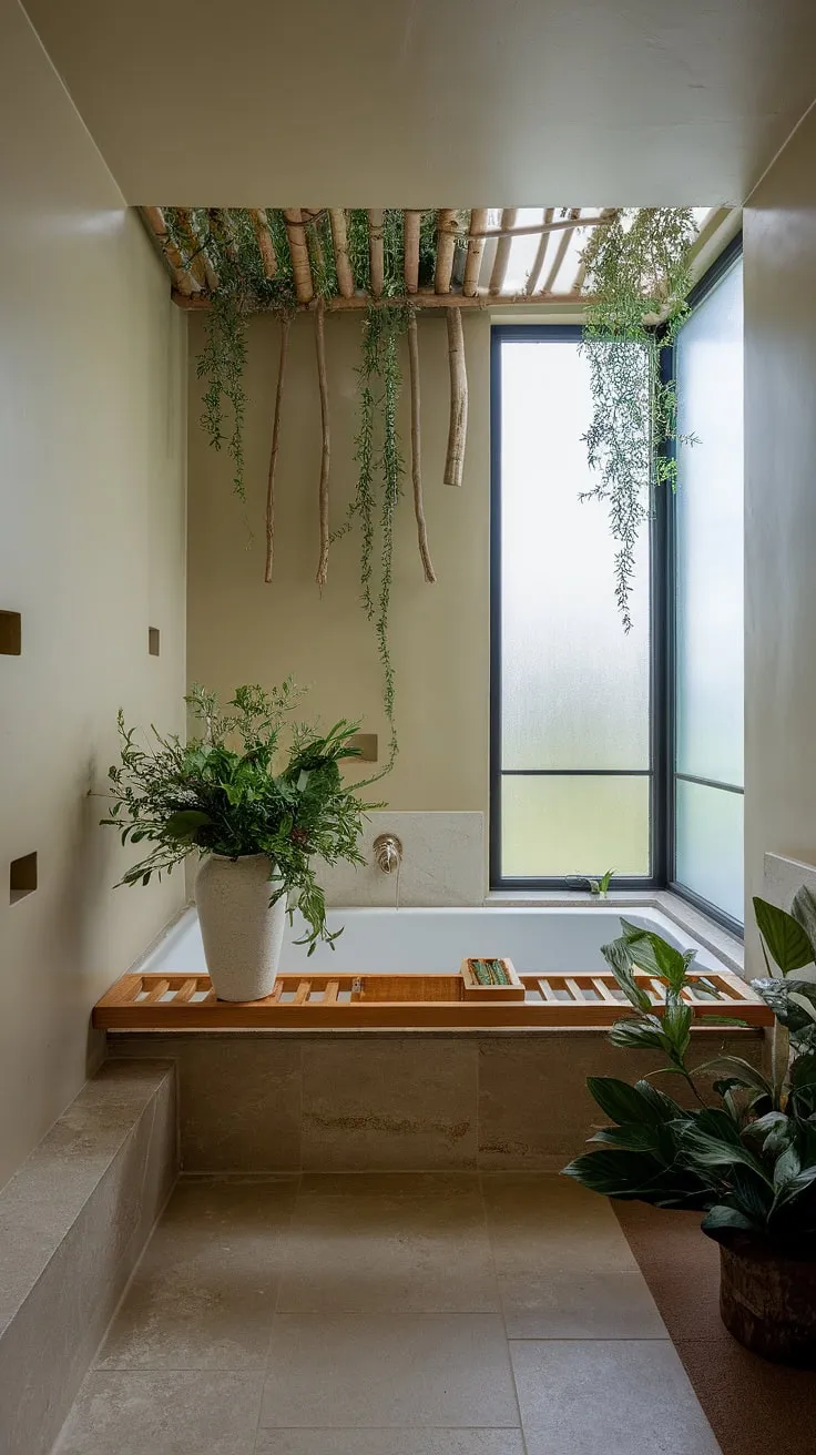 Find your sanctuary in this serene bathroom, where natural light dances through frosted glass, illuminating the simple elegance of wood and greenery. A calming oasis awaits. A perfect blend of minimalist design and nature's embrace.