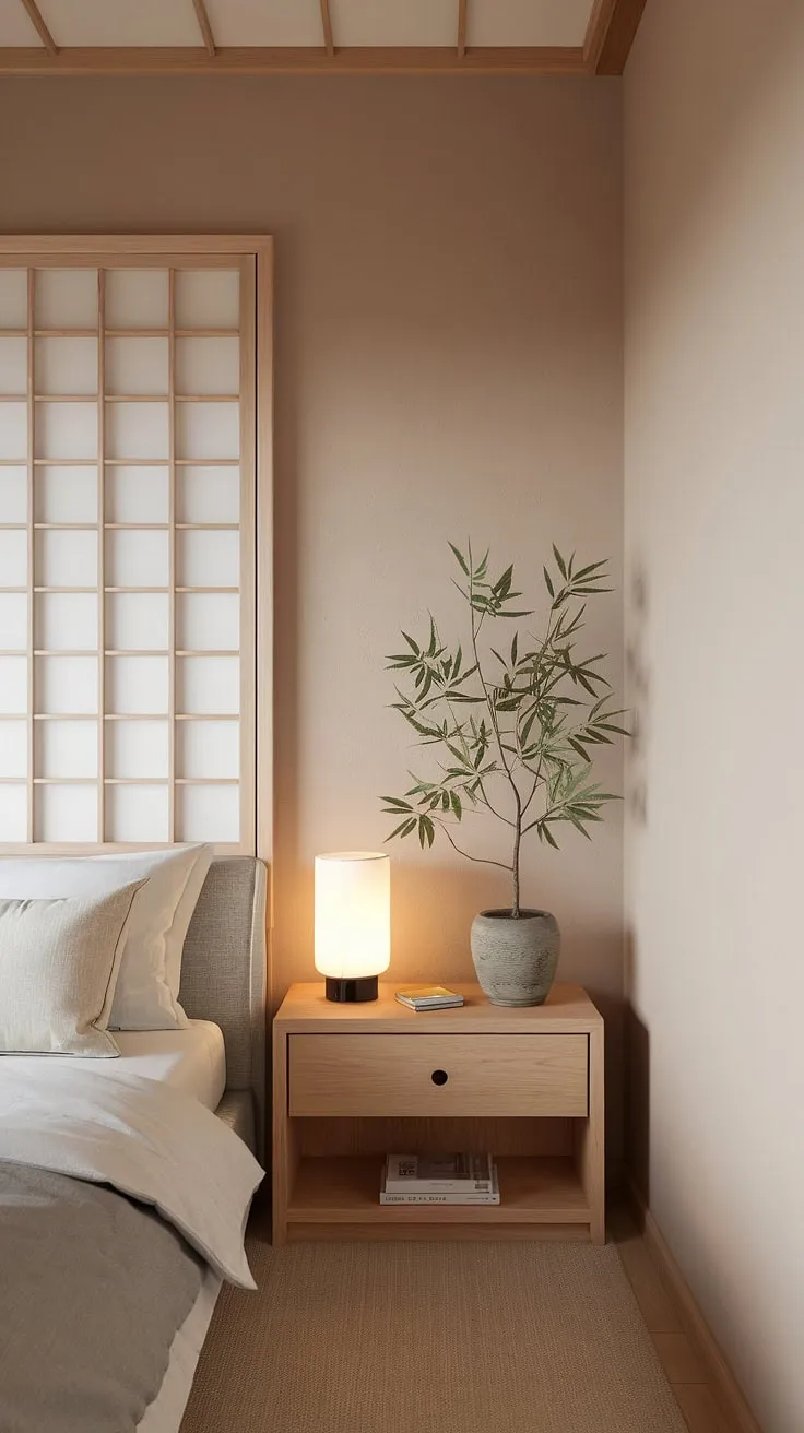 Find your serenity in this minimalist bedroom. The soft beige walls, shoji screen, and carefully chosen details create a haven of calm, perfect for unwinding and restoring a sense of peace.