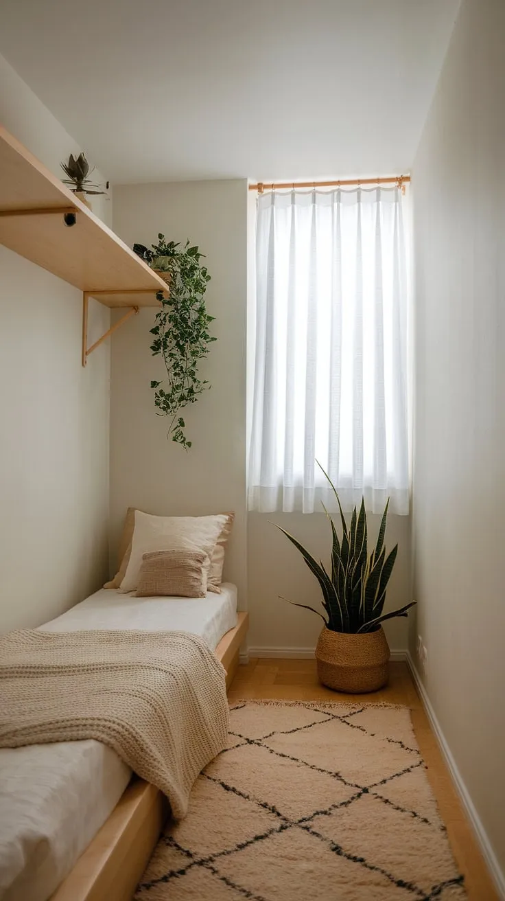 Find your sanctuary in this minimalist bedroom. The calming white walls, soft rug, and carefully chosen plants create a space of tranquility and peace, perfect for unwinding and restoring your inner calm. A simple shelf above the bed holds only what's essential, reflecting a life lived with intention.