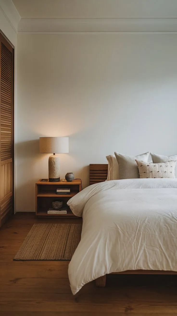 Find your serenity in this minimalist bedroom. The calming white walls, warm wooden floors, and carefully chosen furniture create a sanctuary for peaceful rest and mindful living. A perfect space to unwind and reconnect with yourself.