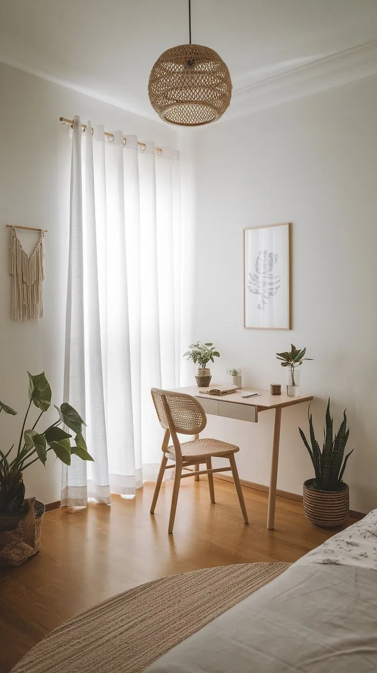 Find your focus in this serene sanctuary. A minimalist desk tucked away in a corner, bathed in soft light, offers the perfect space for quiet contemplation and productive work. A calming atmosphere, perfect for unwinding after a long day.