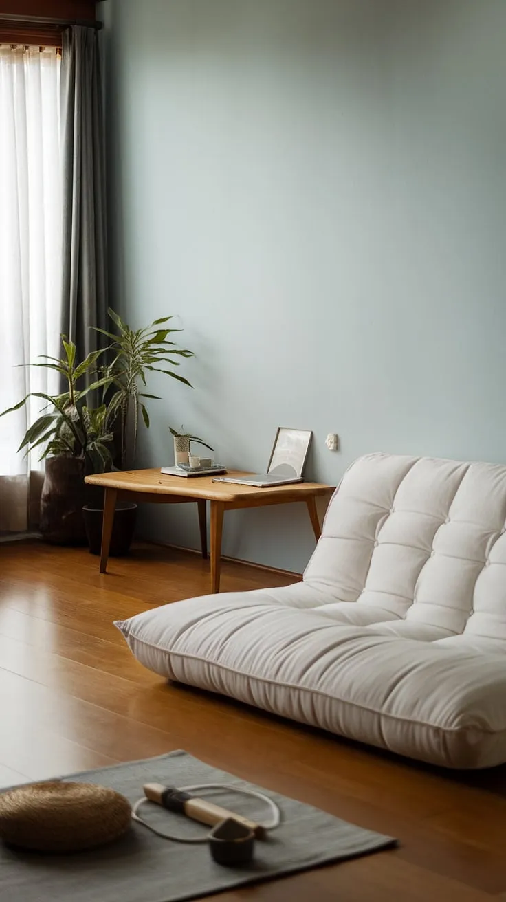 Find your calm in this serene space. The soft blue walls, white futon, and natural wood create a haven of tranquility, perfect for unwinding and reconnecting with yourself. A simple wooden table holds a few cherished items, while a flourishing plant adds a touch of life to this minimalist sanctuary. A truly peaceful retreat.