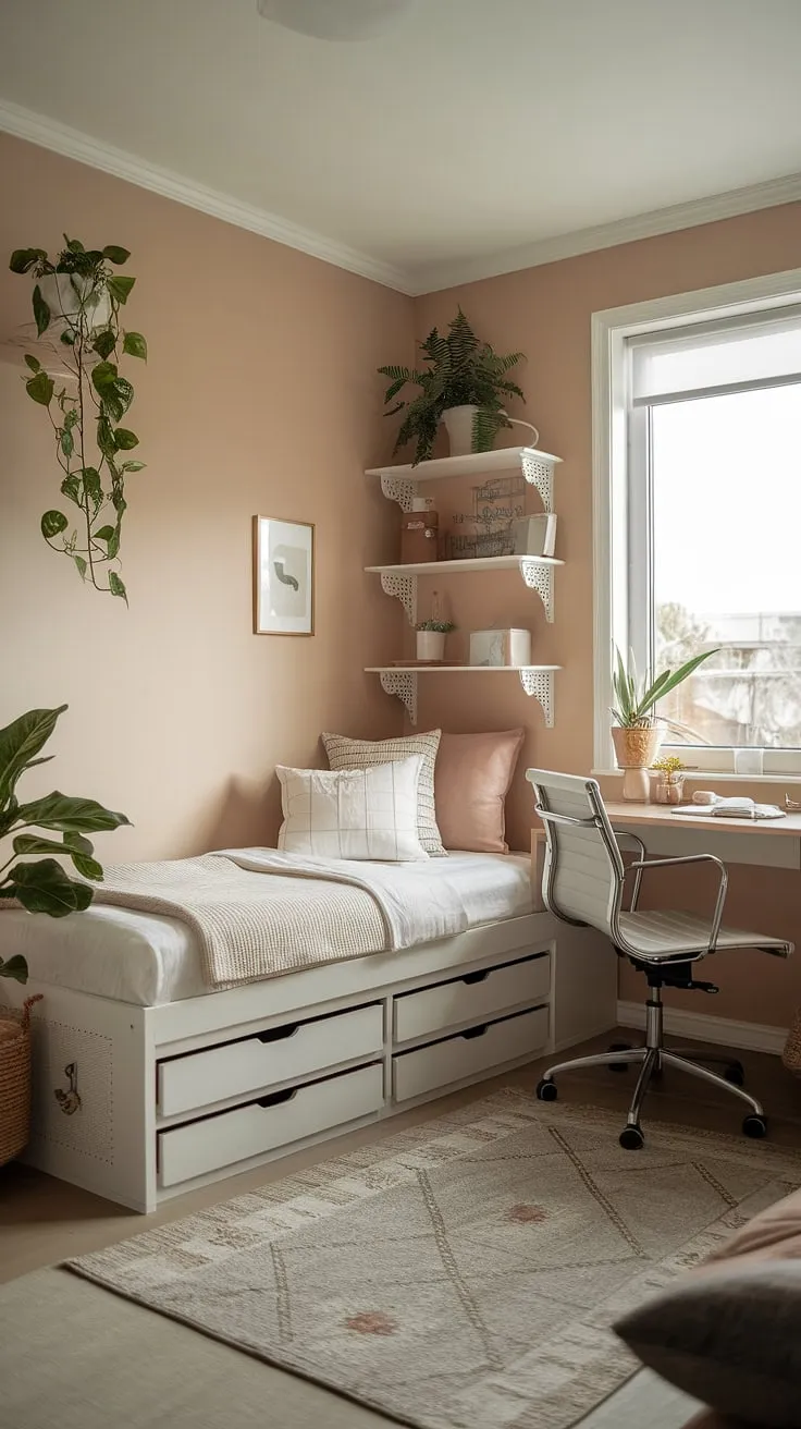 Find your calm in this serene bedroom sanctuary. The minimalist design, complete with a lofted bed and built-in storage, maximizes space and promotes a sense of tranquility. Natural light streams in, illuminating the workspace and lush greenery, creating the perfect environment for rest and rejuvenation. A true haven for mindful living.