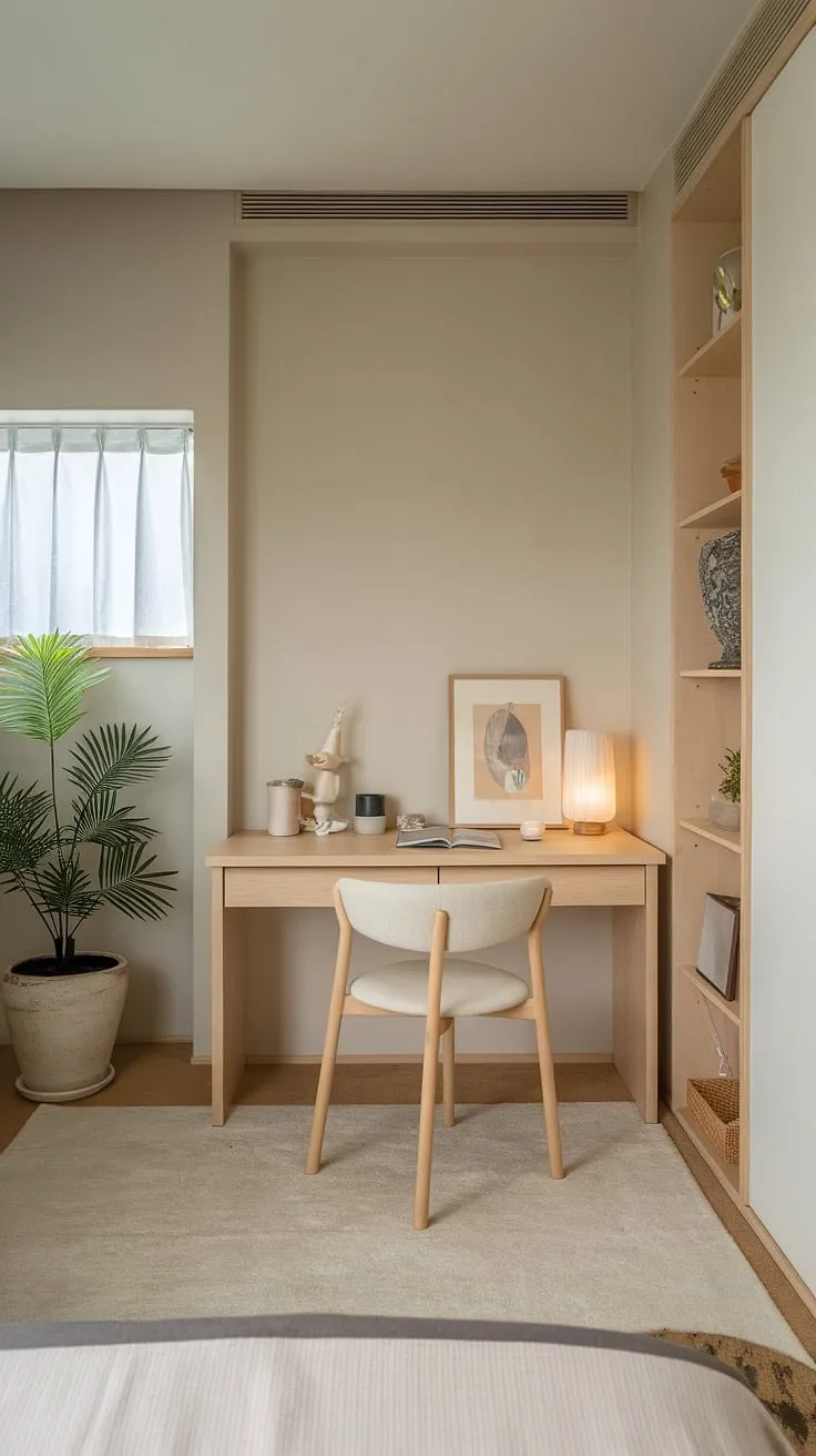 A sanctuary of calm awaits. This minimalist bedroom, with its soft beige and white tones, offers a peaceful retreat for rest and rejuvenation. A small workspace provides a dedicated area for focused work, while the overall design promotes a sense of serenity and well-being.