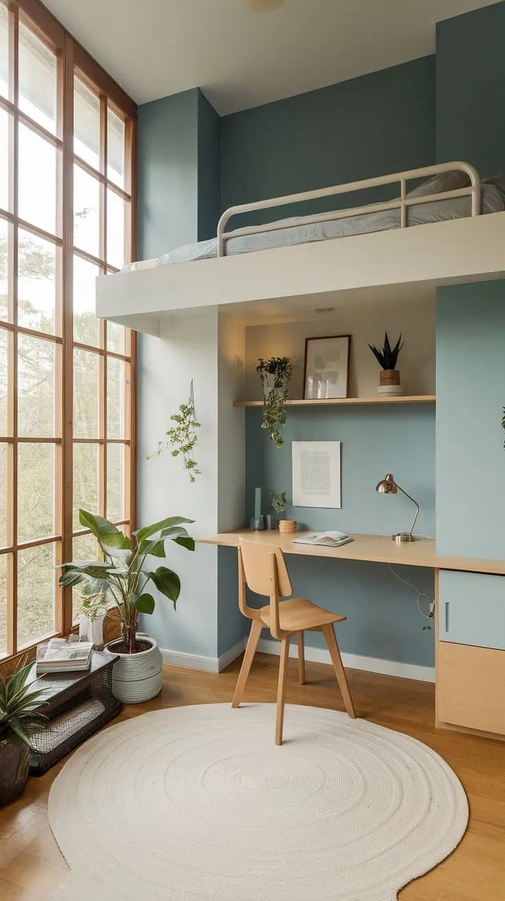 Find your focus in this serene sanctuary. The lofted bed maximizes space, while the calming blue and white palette, natural light, and minimalist decor create a haven for productivity and peaceful rest. A perfect blend of functionality and tranquility.