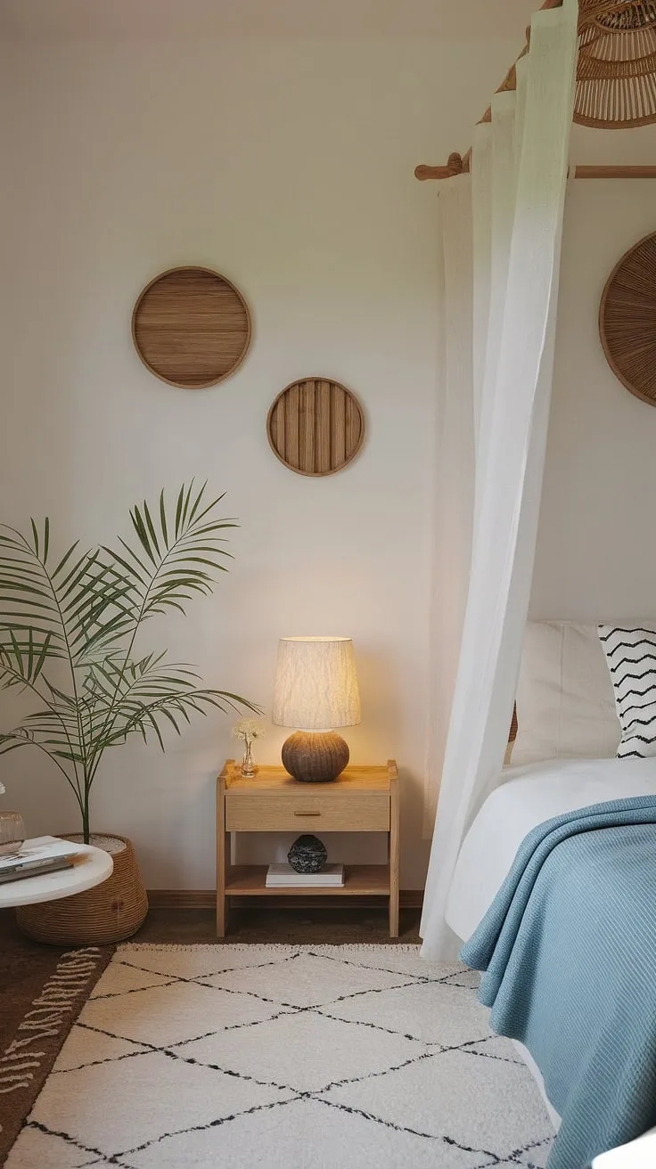 Find your serenity in this minimalist haven. The soft blue blanket, warm wood accents, and gentle light create a space where calm washes over you, a true sanctuary for the soul. A peaceful retreat awaits.