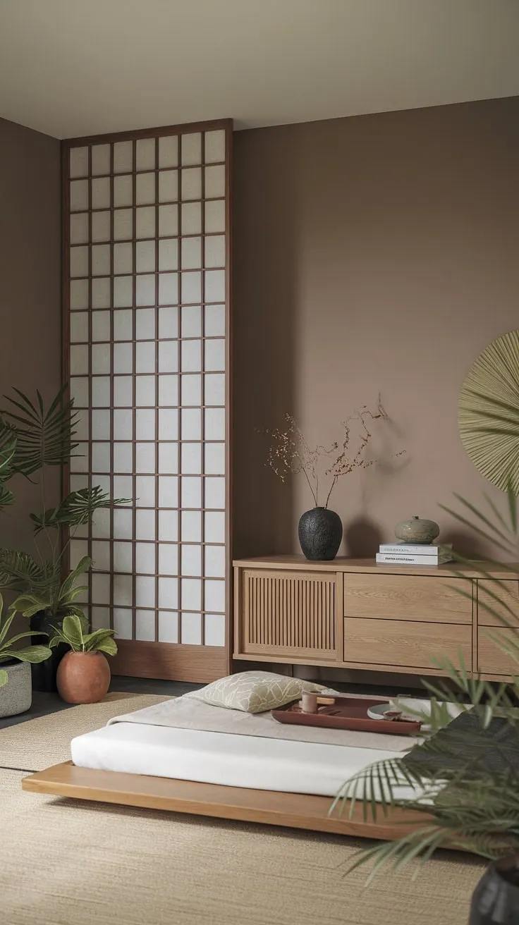 Escape the everyday in this calming zen bedroom. The muted tones, simple wooden furniture, and delicate shoji screen foster a sense of calm and serenity. Potted plants bring a touch of nature indoors, creating a peaceful haven where you can truly relax and recharge. A space designed for mindful living.