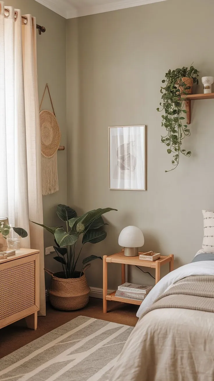 Find your sanctuary in this serene bedroom. The minimalist design, soft lighting, and calming color palette create a space perfect for unwinding and restoring inner peace. A touch of nature, represented by the plant, completes the tranquil atmosphere. A haven designed for restful sleep and mindful moments.
