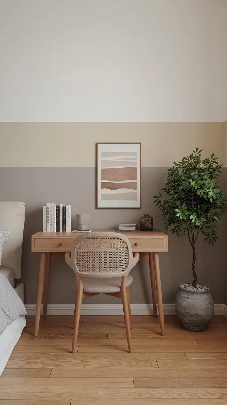 Find your calm in this serene bedroom. The minimalist design, neutral palette, and quiet details create a space perfect for reflection and rejuvenation. A simple desk, a thriving plant, and a few cherished books complete this haven of tranquility. A perfect sanctuary for unwinding after a long day.