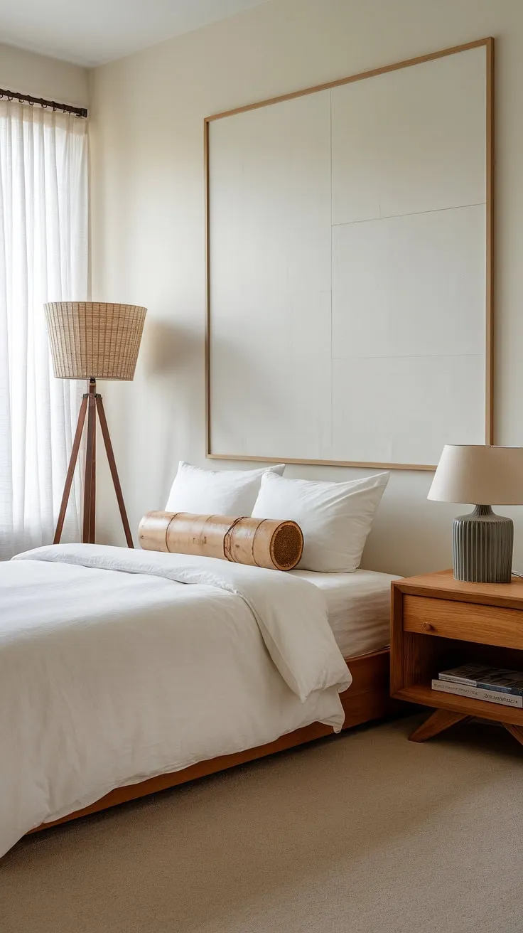 Escape the everyday in this tranquil bedroom retreat. The calming interior, featuring a comfortable queen-size bed and a dedicated zen den, offers a space for both rest and reflection. Natural textures and minimalist design elements create a haven of peace, perfect for unwinding after a long day. The large whiteboard encourages mindful planning, while soft lighting sets the mood for serenity.