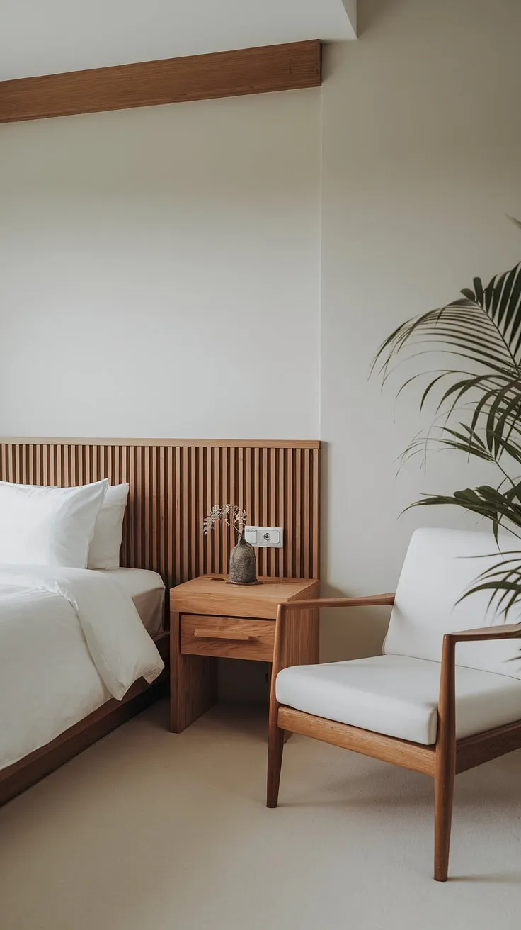 Find your inner peace in this serene bedroom, where minimalist design meets calming comfort. The natural wood accents and soft white tones create a sanctuary for rest and rejuvenation, a perfect space for mindful living. A quiet corner awaits, ready for meditation or simply enjoying a moment of tranquility.