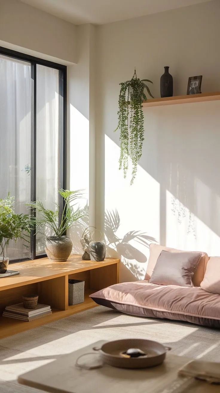 Find your center in this calming haven. Natural light illuminates the simple elegance of the space, creating a sanctuary for relaxation and mindful living. A perfect retreat for the body and soul.