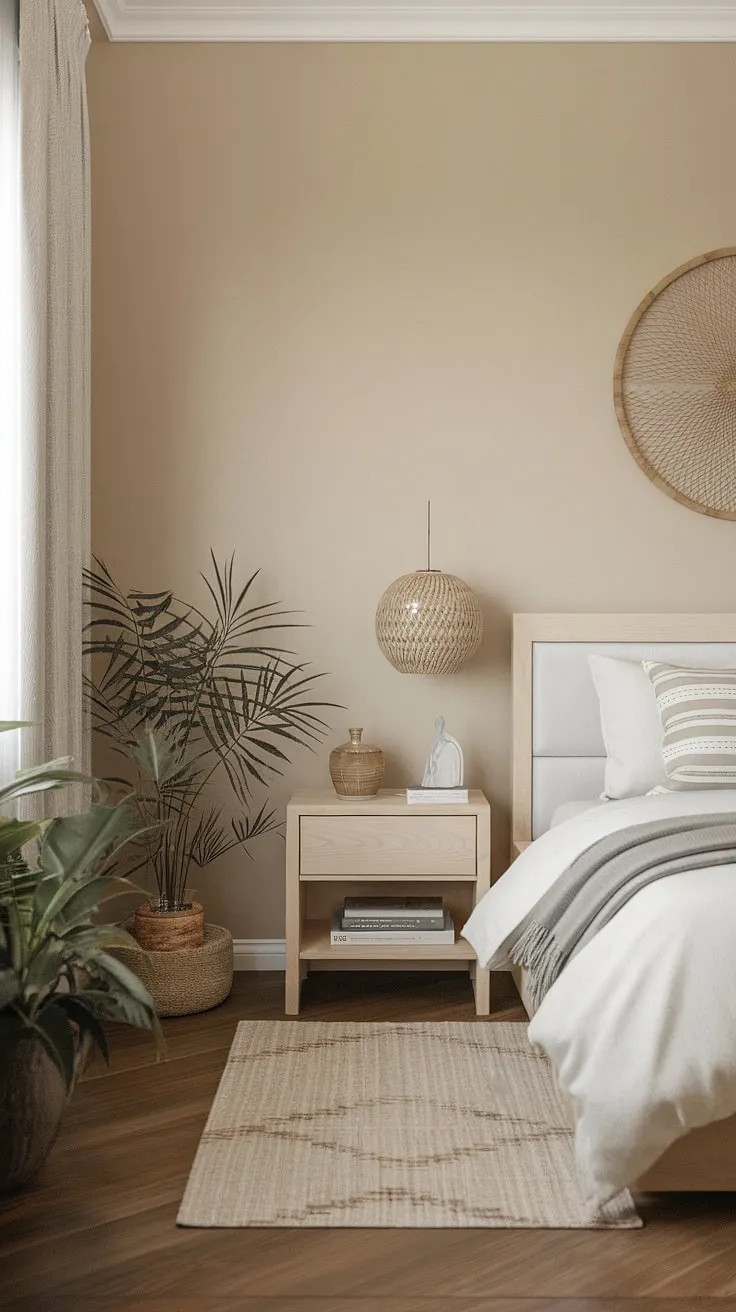 Escape the everyday in this exquisitely designed zen bedroom. The soft beige walls, white furnishings, and warm wooden floors combine to create a haven of calm. A space designed for relaxation and rejuvenation, it's the perfect place to find your inner peace.