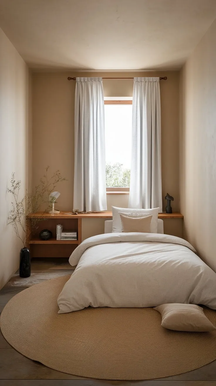 Escape the everyday in this calming bedroom retreat. The simple elegance of the design, complemented by natural light filtering through the sheer curtains, fosters a sense of tranquility and inner peace. A true oasis for the soul.