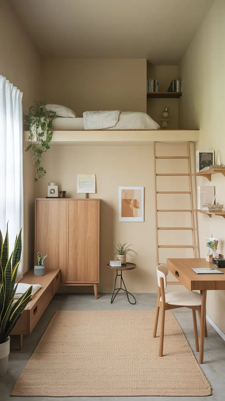 Find your inner peace in this serene bedroom. The minimalist design, complete with a cozy loft bed and a calming neutral palette, creates a sanctuary for rest and rejuvenation. A touch of nature, courtesy of the potted plant, adds to the tranquil atmosphere. This space is a testament to the power of simple, intentional design.