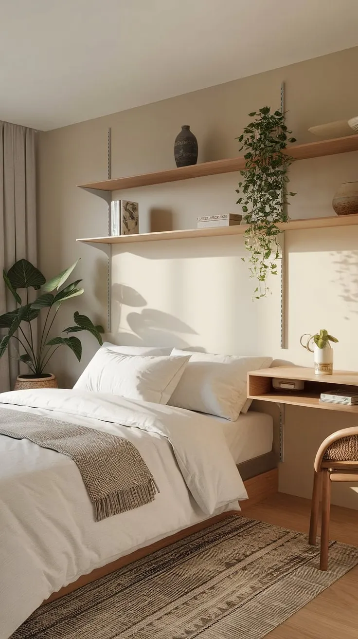 Wake up refreshed in this tranquil bedroom. The neutral palette, natural wood accents, and carefully chosen plants create a calming atmosphere. A quiet corner for reflection, a workspace for inspiration, a bedroom designed for ultimate serenity. A truly restorative retreat.