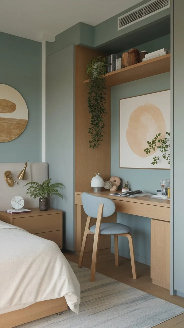 Find your calm in this serene bedroom, where minimalist design meets a dedicated zen den. The perfect space for quiet contemplation and mindful moments. A sanctuary for the soul, a haven for the mind, and a retreat from the everyday.