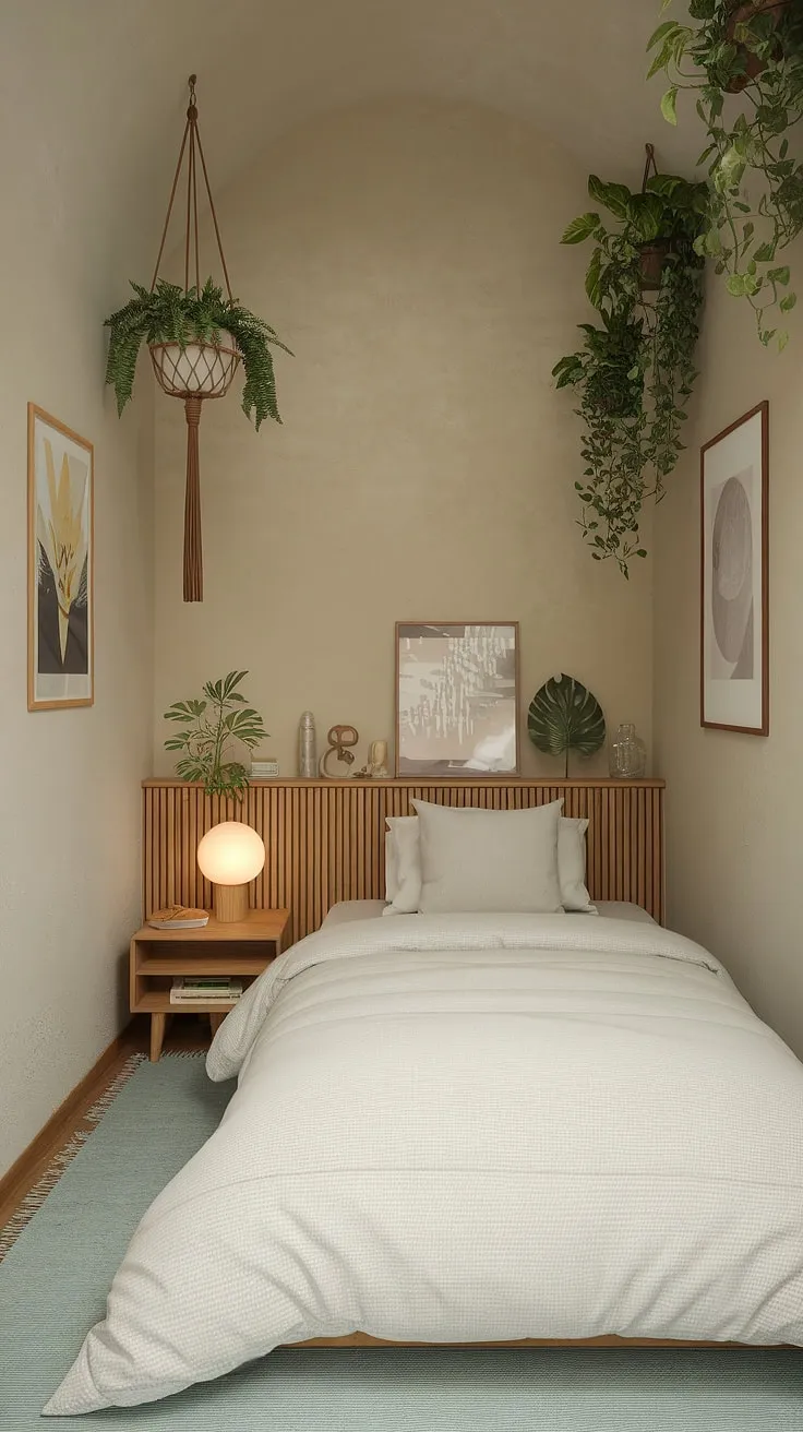 Escape the everyday in this cozy and tranquil bedroom. The simple elegance of the wooden headboard, the gentle sway of hanging plants, and the soft glow of the bedside lamp all contribute to a space designed for ultimate relaxation and mindful living.